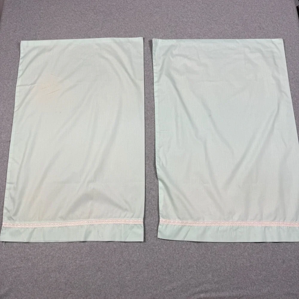 Vintage Mint Green Pillowcase Pair Lace Trim Butterfly Applique Standard Size